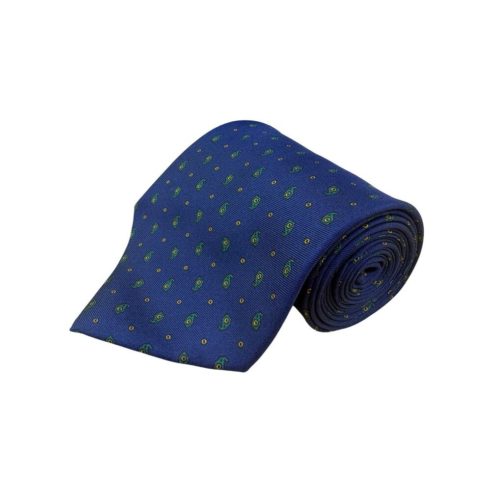 Aquascutum Mens Blue Silk Tie Green Paisley Pattern Lightweight Elegant Design